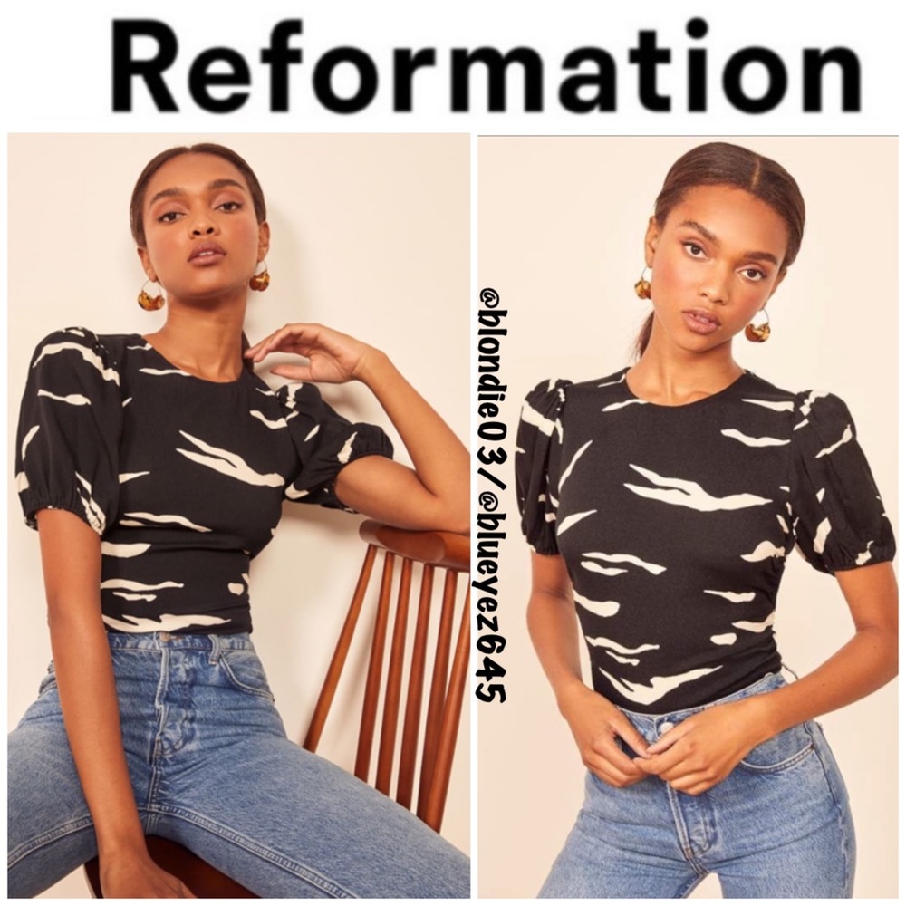 Reformation Black and Cream Puff Sleeve Printed Top